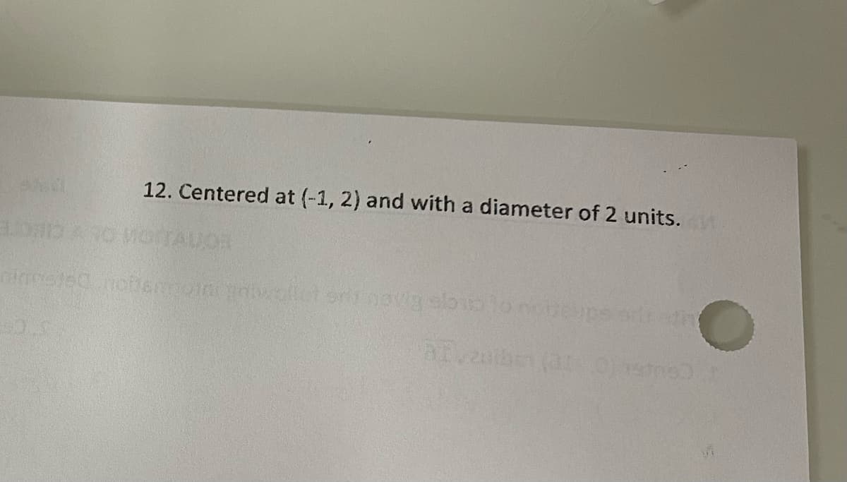 12. Centered at (-1, 2) and with a diameter of 2 units.
ningsted notfammoni pniwallet originevig slaidoncircups o