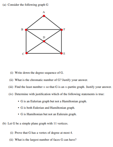 (a) Consider the following graph G
B.
F
) Write down the degree sequence of G.
(ii) What is the chromatic number of G? Justify your answer.
(iii) Find the least number n so that G is an n-partite graph. Justify your answer.
(iv) Determine with justification which of the following statements is true:
• Gis an Eulerian graph but not a Hamiltonian graph.
• Gis both Eulerian and Hamiltonian graph.
• Gis Hamiltonian but not an Eulerain graph.
(b) Let G be a simple plane graph with 11 vertices.
(1) Prove that G has a vertex of degree at most 4.
(ii) What is the largest number of faces G can have?
