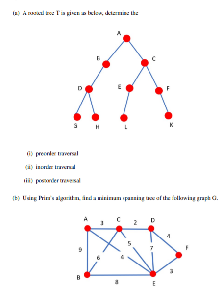 (a) A rooted tree T is given as below, determine the
В
E
G H
(i) preorder traversal
(ii) inorder traversal
(iii) postorder traversal
(b) Using Prim's algorithm, find a minimum spanning tree of the following graph G.
C 2 D
6.
8.
