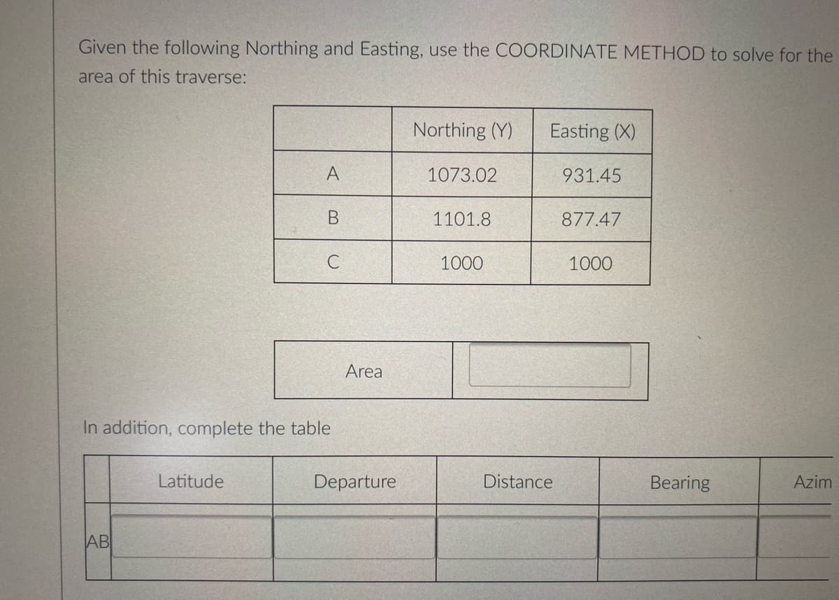 Given the following Northing and Easting, use the COORDINATE METHOD to solve for the
area of this traverse:
Northing (Y)
Easting (X)
A
1073.02
931.45
В
1101.8
877.47
C
1000
1000
Area
In addition, complete the table
Latitude
Departure
Distance
Bearing
Azim
AB
