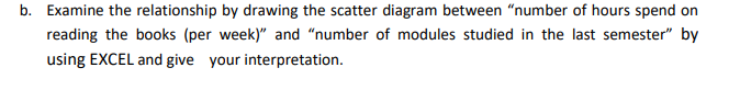 b. Examine the relationship by drawing the scatter diagram between "number of hours spend on
reading the books (per week)" and "number of modules studied in the last semester" by
using EXCEL and give your interpretation.
