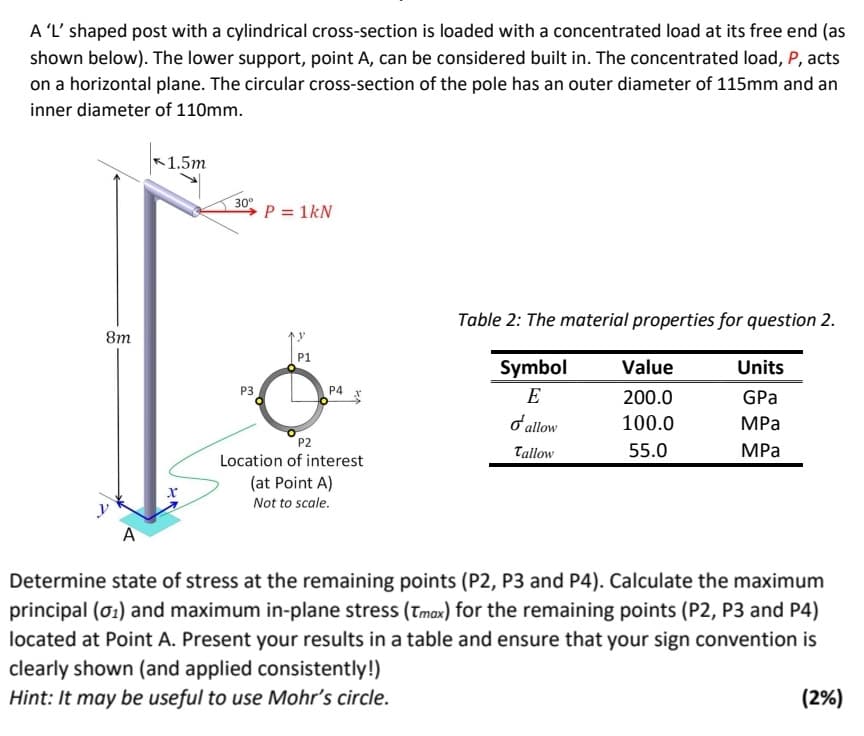 A 'L' shaped post with a cylindrical cross-section is loaded with a concentrated load at its free end (as
shown below). The lower support, point A, can be considered built in. The concentrated load, P, acts
on a horizontal plane. The circular cross-section of the pole has an outer diameter of 115mm and an
inner diameter of 110mm.
8m
y
A
1.5m
X
30°
P3
P = 1kN
P1
D
P2
P4 x
Location of interest
(at Point A)
Not to scale.
Table 2: The material properties for question 2.
Symbol
E
o' allow
Tallow
Value
200.0
100.0
55.0
Units
GPa
MPa
MPa
Determine state of stress at the remaining points (P2, P3 and P4). Calculate the maximum
principal (01) and maximum in-plane stress (Tmax) for the remaining points (P2, P3 and P4)
located at Point A. Present your results in a table and ensure that your sign convention is
clearly shown (and applied consistently!)
Hint: It may be useful to use Mohr's circle.
(2%)