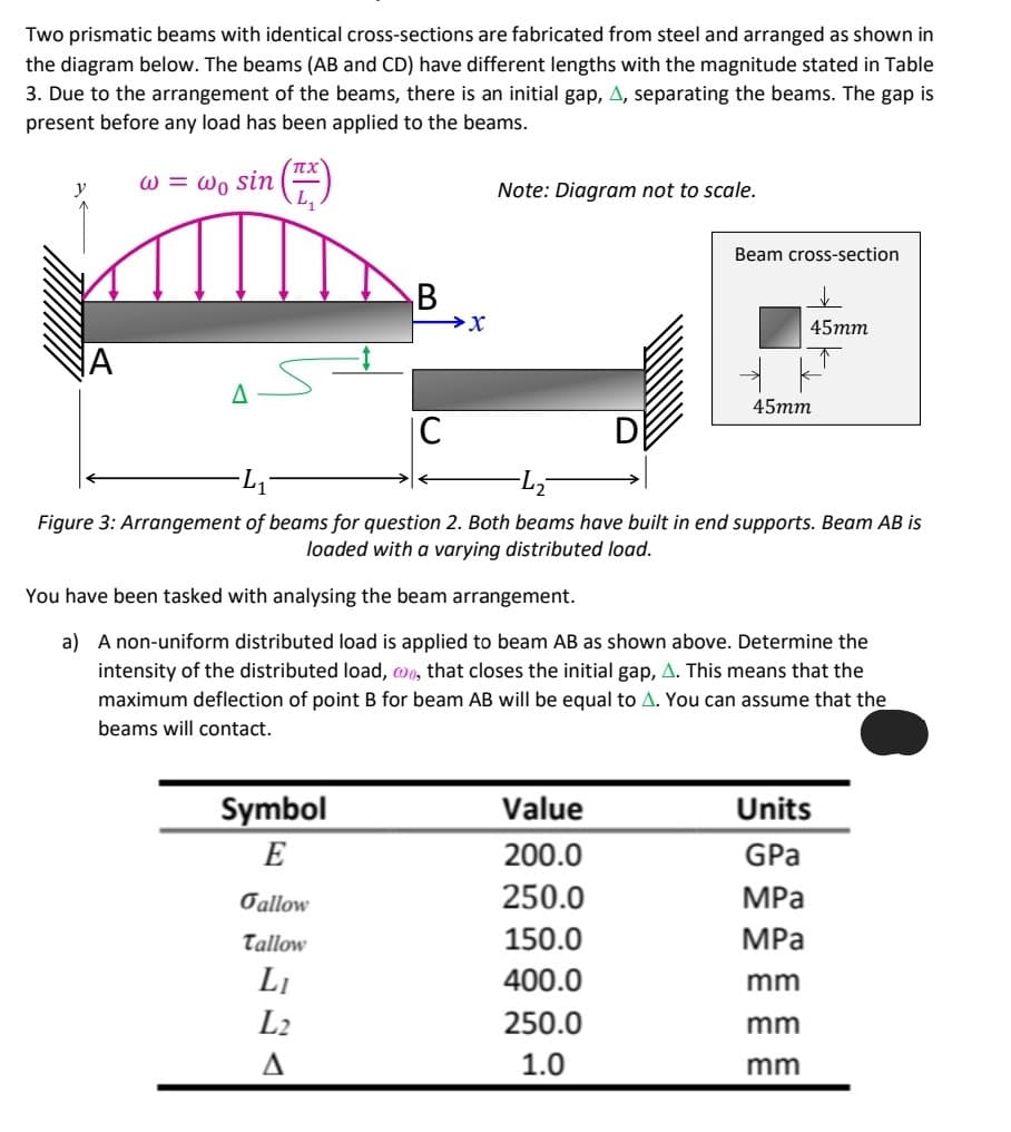 Two prismatic beams with identical cross-sections are fabricated from steel and arranged as shown in
the diagram below. The beams (AB and CD) have different lengths with the magnitude stated in Table
3. Due to the arrangement of the beams, there is an initial gap, A, separating the beams. The gap is
present before any load has been applied to the beams.
w = wo sin
y
π.χ.
B
Symbol
E
IC
Gallow
Tallow
LI
L2
A
X
Note: Diagram not to scale.
D
-L₁
-L₂²
Figure 3: Arrangement of beams for question 2. Both beams have built in end supports. Beam AB is
loaded with a varying distributed load.
Value
200.0
250.0
150.0
400.0
Beam cross-section
You have been tasked with analysing the beam arrangement.
a) A non-uniform distributed load is applied to beam AB as shown above. Determine the
intensity of the distributed load, wo, that closes the initial gap, A. This means that the
maximum deflection of point B for beam AB will be equal to A. You can assume that the
beams will contact.
250.0
1.0
45mm
45mm
Units
GPa
MPa
MPa
mm
mm
mm