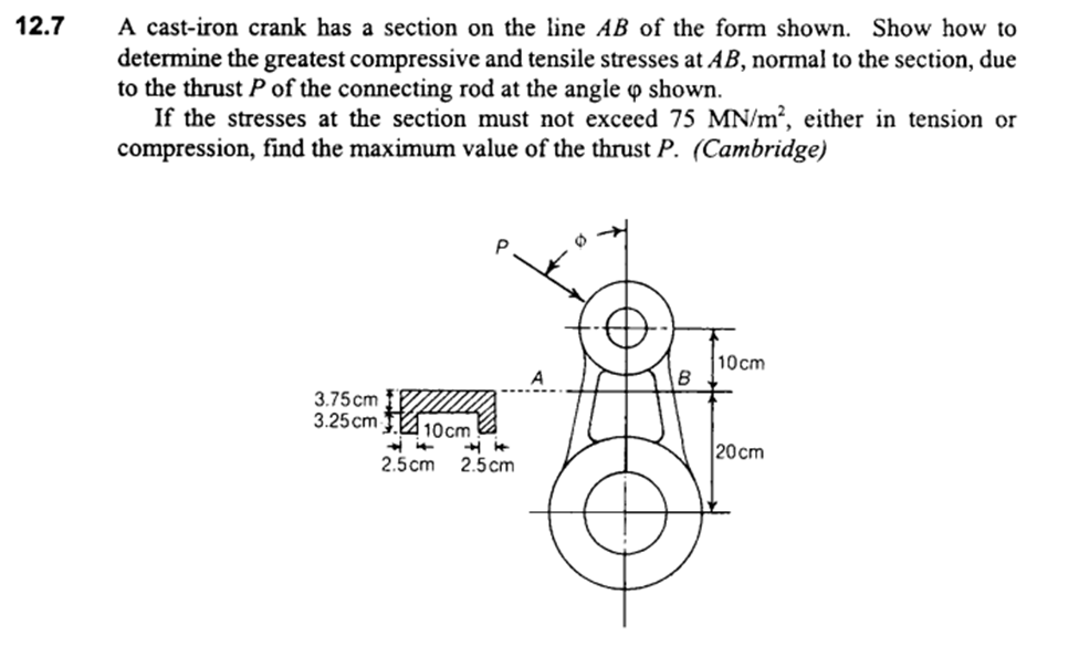 12.7
A cast-iron crank has a section on the line AB of the form shown. Show how to
determine the greatest compressive and tensile stresses at AB, normal to the section, due
to the thrust P of the connecting rod at the angle o shown.
If the stresses at the section must not exceed 75 MN/m2, either in tension or
compression, find the maximum value of the thrust P. (Cambridge)
10cm
3.75cm
3.25 cm 10cm
20cm
2.5cm 2.5cm
