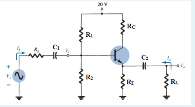 +1
شم
C₁
R₁
R₂
20 V
Rc
RE
C₂
HH
RL