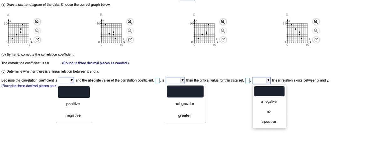 (a) Draw a scatter diagram of the data. Choose the correct graph below.
A.
В.
C.
D.
Ay
20-
Q
Ay
20-
Ay
20-
20-
0-
0-
10
10
10
10
(b) By hand, compute the correlation coefficient.
The correlation coefficient is r=
(Round to three decimal places as needed.)
(c) Determine whether there is a linear relation between x and y.
Because the correlation coefficient is
and the absolute value of the correlation coefficient,
is
than the critical value for this data set,
linear relation exists between x and y.
(Round to three decimal places as n
a negative
positive
not greater
no
negative
greater
a positive
