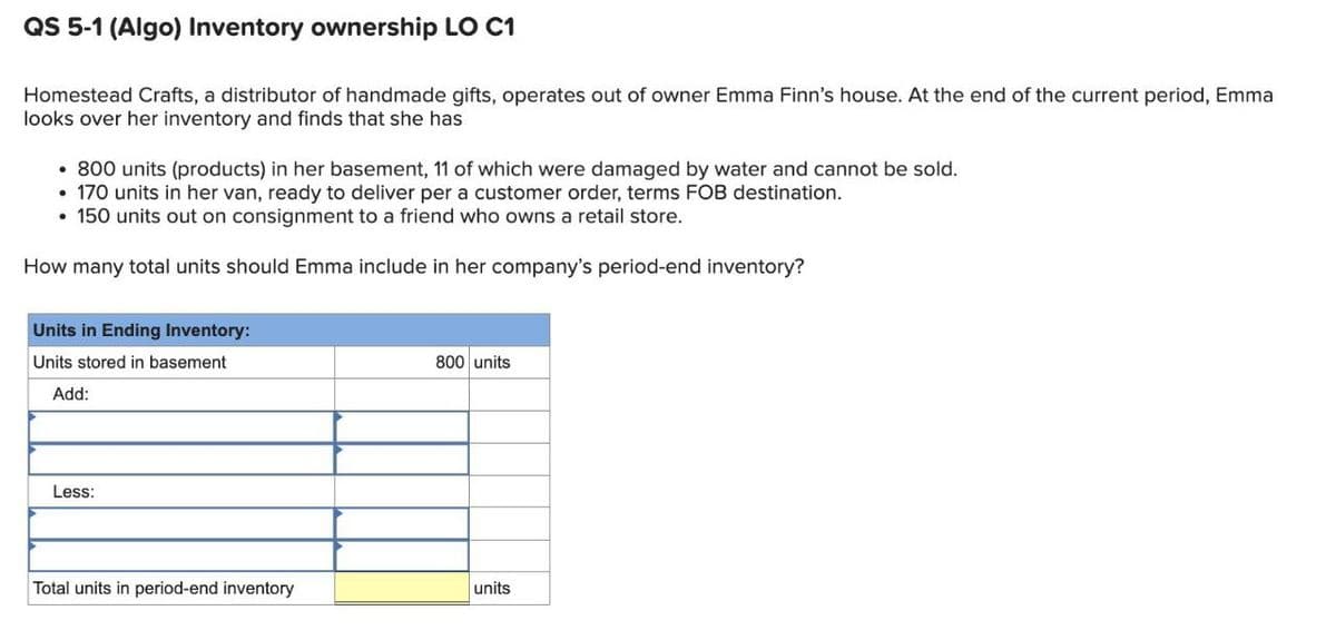 QS 5-1 (Algo) Inventory ownership LO C1
Homestead Crafts, a distributor of handmade gifts, operates out of owner Emma Finn's house. At the end of the current period, Emma
looks over her inventory and finds that she has
• 800 units (products) in her basement, 11 of which were damaged by water and cannot be sold.
•170 units in her van, ready to deliver per a customer order, terms FOB destination.
⚫ 150 units out on consignment to a friend who owns a retail store.
How many total units should Emma include in her company's period-end inventory?
Units in Ending Inventory:
Units stored in basement
Add:
Less:
800 units
Total units in period-end inventory
units