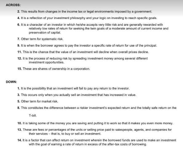 ACROSS:
2. This results from changes in the income tax or legal environments imposed by a government.
4. It is a reflection of your investment philosophy and your logic on investing to reach specific goals.
6. It is a character of an investor in which he/she accepts very little risk and are generally rewarded with
relatively low rates of retum for seeking the twin goals of a moderate amount of current income and
preservation of capital.
7. Other term for systematic risk.
9. It is when the borrower agrees to pay the investor a specific rate of return for use of the principal.
11. This is the chance that the value of an investment will decline when overall prices decline.
12. It is the process of reducing risk by spreading investment money among several different
investment opportunities.
15. These are shares of ownership in a corporation.
DOWN:
1. It is the possibility that an investment will fail to pay any return to the investor.
3. This occurs only when you actually sell an investment that has increased in value.
5. Other term for market risk.
8. This constitutes the difference between a riskier investment's expected return and the totally safe return on the
T-bill.
10. It is taking some of the money you are saving and putting it to work so that it makes you even more money.
13. These are fees or percentages of the units or selling price paid to salespeople, agents, and companies for
their services - that is, to buy or sell an investment.
14. It is a factor that can affect return on investment wherein the borrowed funds are used to make an investment
with the goal of earning a rate of return in excess of the after-tax costs of borrowing.