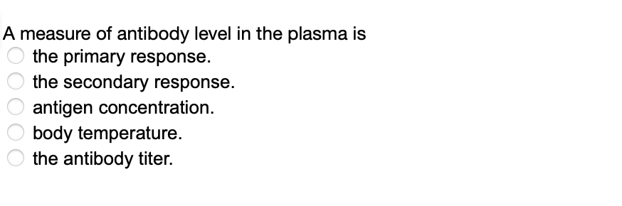 A measure of antibody level in the plasma is
the primary response.
the secondary response.
antigen concentration.
body temperature.
the antibody titer.