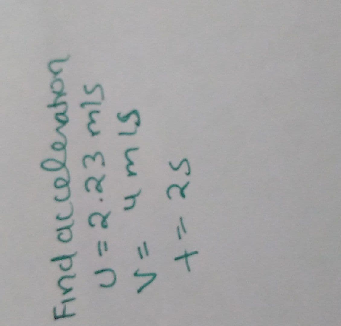 Find acceleration
U = 2.23 mis
V = 4m 15
+-25