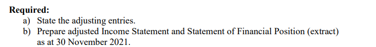 Required:
a) State the adjusting entries.
b) Prepare adjusted Income Statement and Statement of Financial Position (extract)
as at 30 November 2021.