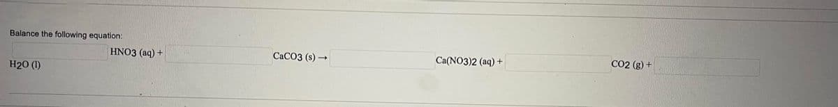 **Balancing Chemical Equations - Example Problem**

### Problem Statement:

Balance the following chemical equation:

\vspace{10pt}

\[ \text{H}_{2}\text{O}(\text{l}) + \text{HNO}_{3} (\text{aq}) + \text{CaCO}_{3} (\text{s}) \to \text{Ca(NO}_{3})_2 (\text{aq}) + \text{CO}_2 (\text{g}) + \text{H}_2\text{O} (\text{l}) \]

### Steps to Balance the Equation:

1. **Write down the number of atoms for each element** involved in the reaction for both reactants and products.
2. **Balance the atoms** one element at a time by adding coefficients in front of the compounds.
3. **Ensure that the total number of atoms** of each element is equal on both sides of the equation.
4. **Validate the balanced equation** to confirm all elements are balanced.

### Initial Counts:

- H: Reactants = 2 (from H₂O) + 1 (from HNO₃) = 3
- N: Reactants = 1 (from HNO₃) 
- O: Reactants = 1 (from H₂O) + 3 (from HNO₃) + 3 (from CaCO₃) = 7
- Ca: Reactants = 1 (from CaCO₃)
- C: Reactants = 1 (from CaCO₃)

Products:
- H: Products = 2 (from H₂O)
- N: Products = 2 (from Ca(NO₃)₂)
- O: Products = 2 (from H₂O) + 6 (from Ca(NO₃)₂) + 2 (from CO₂) = 10
- Ca: Products = 1 (from Ca(NO₃)₂)
- C: Products = 1 (from CO₂)

### The balanced equation should be:

\[ \text{2HNO}_{3} (\text{aq}) + \text{CaCO}_{3} (\text{s}) \rightarrow \text{Ca(NO}_{3})_2 (\text{aq}) + \text{CO}_2 (\text{g}) + \text{H}_2\text{O} (\text{l