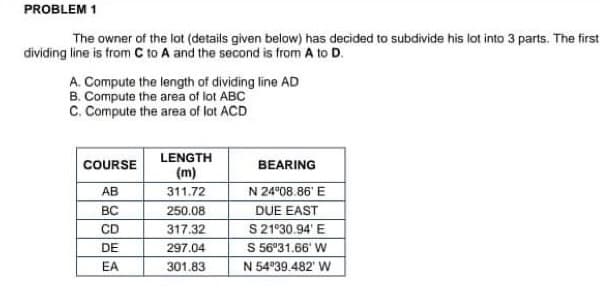 PROBLEM 1
The owner of the lot (details given below) has decided to subdivide his lot into 3 parts. The first
dividing line is from C to A and the second is from A to D.
A. Compute the length of dividing line AD
B. Compute the area of lot ABC
C. Compute the area of lot ACD
LENGTH
COURSE
BEARING
(m)
AB
311.72
N 24°08.86' E
BC
250.08
DUE EAST
S 21°30.94' E
S 56°31.66' W
CD
317.32
DE
297.04
EA
301.83
N 54°39.482' w
