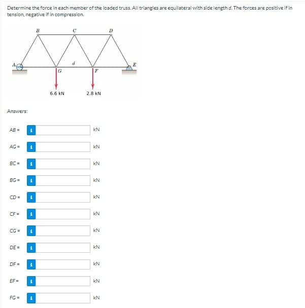 Determine the force in each member of the loaded truss. All triangles are equilateral with side length d. The forces are positive if in
tension, negative if in compression.
Answers:
AB=
AG=
BC = i
BG= 1
CF=
i
CD= 1
CG=
i
DE=
DF=
1
1
i
EF= i
FG = 1
B
G
6.6 KN
F
2.8 kN
3 3 3 3 3 3 3 3 3 3 3
kN
D
E