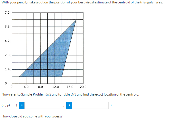 With your pencil, make a dot on the position of your best visual estimate of the centroid of the triangular area.
7.0
5.6
4.2
2.8
1.4
0
4.0
8.0
16.0 20.0
Now refer to Sample Problem 5/2 and to Table D/3 and find the exact location of the centroid.
0
(x, y) = (i
12.0
How close did you come with your guess?
i