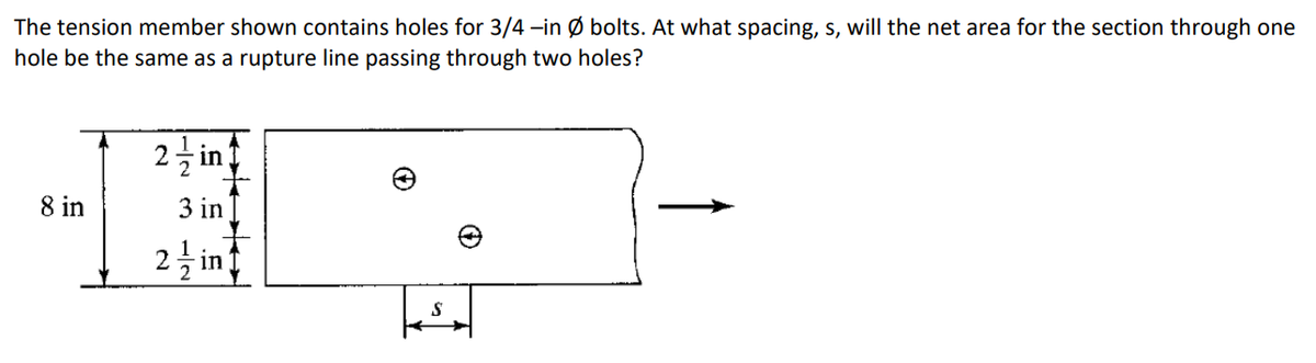 The tension member shown contains holes for 3/4 -in Ø bolts. At what spacing, s, will the net area for the section through one
hole be the same as a rupture line passing through two holes?
2글 in:
3 in
2 in
8 in
