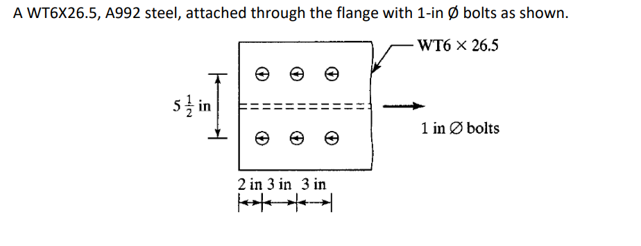 A WT6X26.5, A992 steel, attached through the flange with 1-in Ø bolts as shown.
WT6 x 26.5
5 in
1 in Ø bolts
2 in 3 in 3 in
