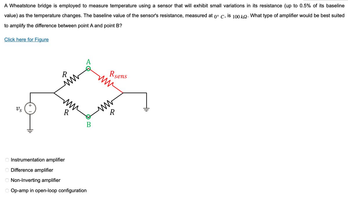 A Wheatstone bridge is employed to measure temperature using a sensor that will exhibit small variations in its resistance (up to 0.5% of its baseline
value) as the temperature changes. The baseline value of the sensor's resistance, measured at 0° C, is 100 km. What type of amplifier would be best suited
to amplify the difference between point A and point B?
Click here for Figure
O
O
Vs
+
R
ww
www
R
A
B
Instrumentation amplifier
Difference amplifier
Non-Inverting amplifier
Op-amp in open-loop configuration
Rsens
ww
R
+1₁