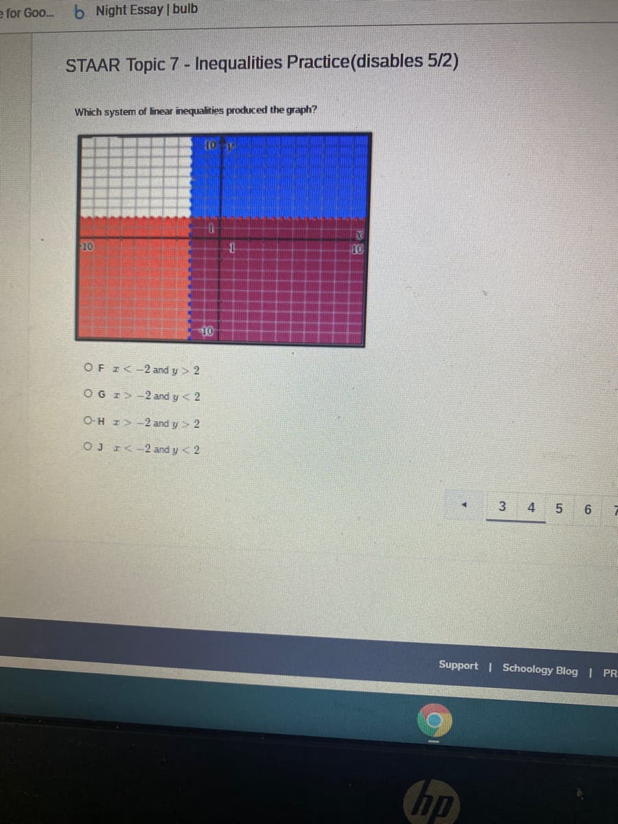 e for Goo.
6 Night Essay | bulb
STAAR Topic 7 - Inequalities Practice(disables 5/2)
Which system of linear inequalities produced the graph?
10
00
OF Z<-2 and y> 2
OG I> -2 and y < 2
O-H z> -2 and y> 2
OJ I<-2 and y < 2
3
4
6.
Support | Schoology Blog | PR
hp
