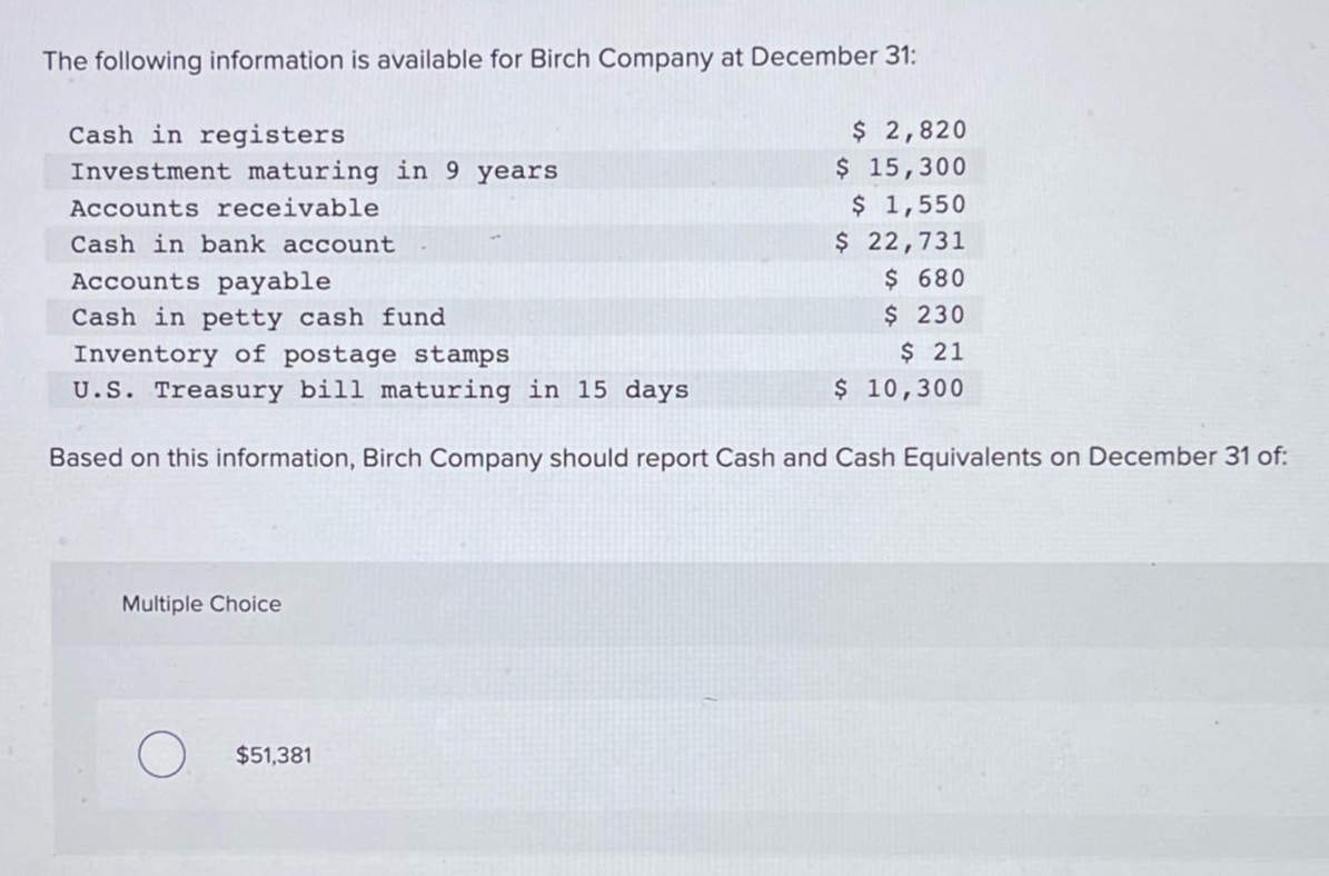 The following information is available for Birch Company at December 31:
Cash in registers
Investment maturing in 9 years
Accounts receivable
Cash in bank account
Accounts payable
Cash in petty cash fund
Inventory of postage stamps
U.S. Treasury bill maturing in 15 days
Based on this information, Birch Company should report Cash and Cash Equivalents on December 31 of:
Multiple Choice
$ 2,820
$ 15,300
$ 1,550
$ 22,731
$51,381
$ 680
$ 230
$ 21
$ 10,300