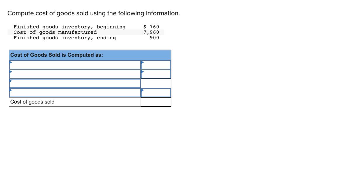 Compute cost of goods sold using the following information.
Finished goods inventory, beginning
Cost of goods manufactured
Finished goods inventory, ending
$ 760
7,960
900
Cost of Goods Sold is Computed as:
Cost of goods sold
