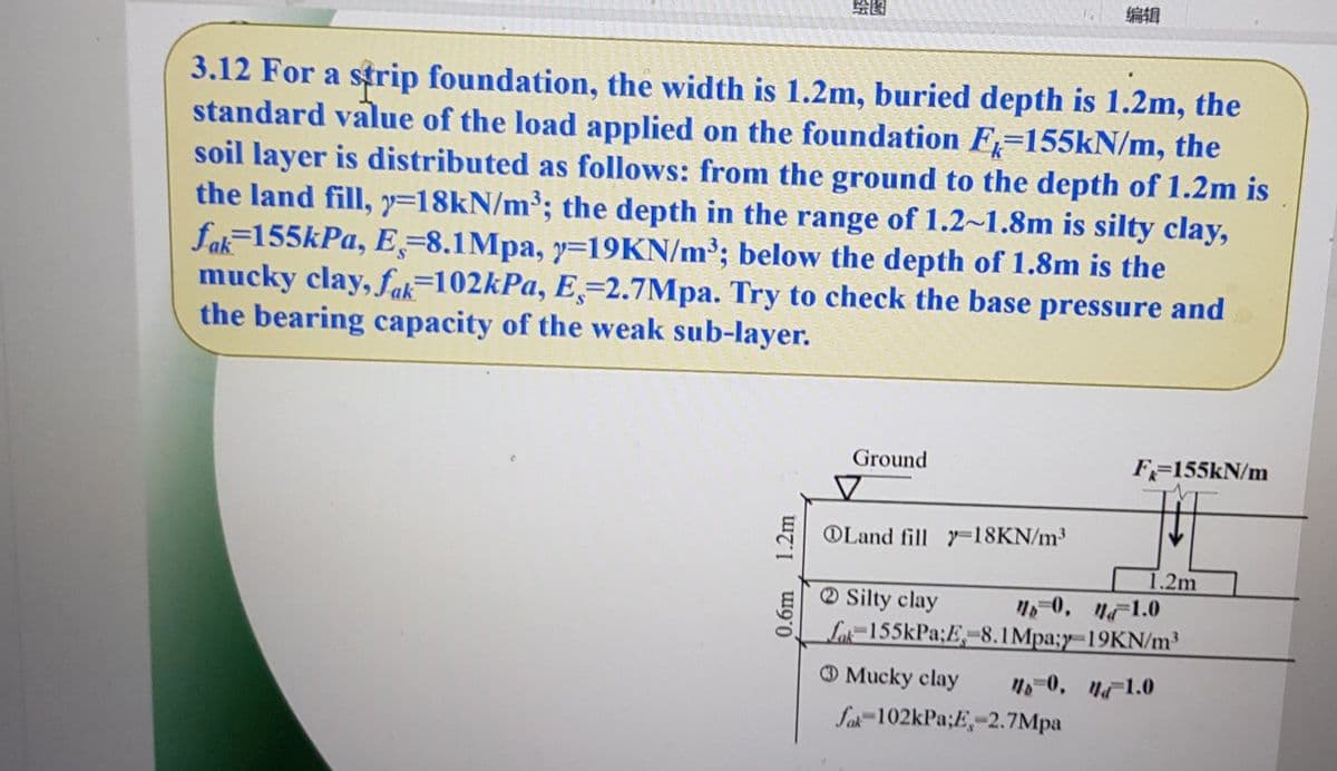 绘图
编辑
3.12 For a strip foundation, the width is 1.2m, buried depth is 1.2m, the
standard value of the load applied on the foundation F=155KN/m, the
soil layer is distributed as follows: from the ground to the depth of 1.2m is
the land fill, =18KN/m³; the depth in the range of 1.2~1.8m is silty clay,
fak=155kPa, E,=8.1Mpa, y=19KN/m³; below the depth of 1.8m is the
mucky clay, fak=102kPa, E,=2.7Mpa. Try to check the base pressure and
the bearing capacity of the weak sub-layer.
Ground
F=155KN/m
OLand fill 18KN/m³
1.2m
O Silty clay
La-155kPa;E-8.1Mpa;y-19KN/m³
-0, 1.0
O Mucky clay
-0, H1.0
Sak-102kPa;E,-2.7Mpa
1.2m
