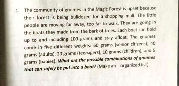 1. The community of gnomes in the Magic Forest is upset because
their forest is being bulldozed for a shopping mall. The little
people are moving far away, too far to walk. They are going in
the boats they made from the bark of trees. Each boat can hold
up to and including 100 grams and stay afloat. The gnomes
come in five different weights: 60 grams (senior citizens), 40
grams (adults), 20 grams (teenagers), 10 grams (children), and 5
grams (babies). What are the possible combinations of gnomes
that can safely be put into a boat? (Make an organized list)
