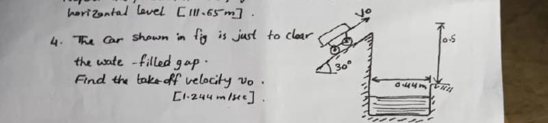 horizontal level [111.65m].
4. The Car shown in fig is just to clear.
the wate-filled
gap.
Find the take off velocity vo.
[1.244 m/sec]
0445