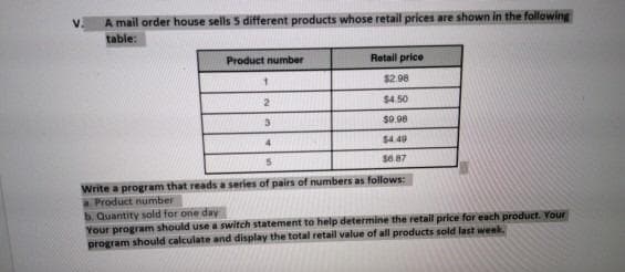 V.
A mail order house sells 5 different products whose retail prices are shown in the following
table:
Product number
Retail price
1.
$2.98
$4. 50
$0.08
$4. 49
S6.87
Write a program that reads a series of pairs of numbers as follows:
a Product number
b. Quantity sold for one day
Your program should use a switch statement to help determine the retail price for each product. Your
program should calculate and display the total retail value of all products sold last week.
