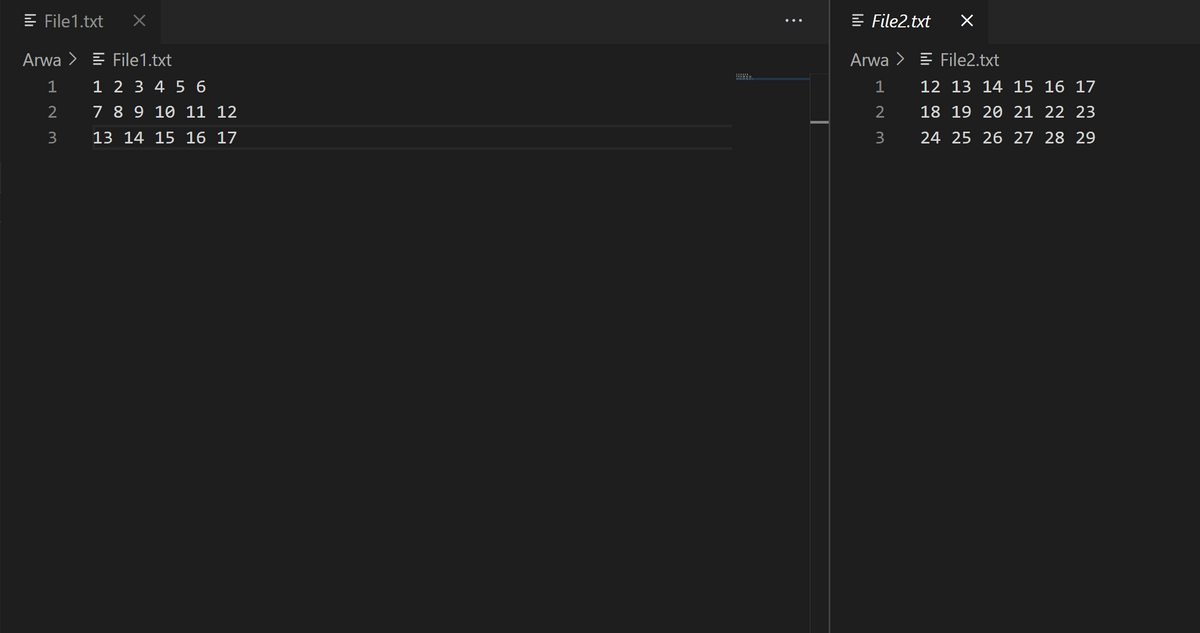E File1.txt
E File2.txt
Arwa > = File1.txt
Arwa > E File2.txt
1 2 3 4 5 6
7 8 9 10 11 12
1
1
12 13 14 15 16 17
2
2
18 19 20 21 22 23
3
13 14 15 16 17
3
24 25 26 27 28 29
