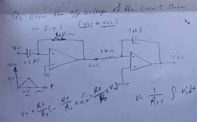 2 Draw the /p v. Haye the Circuit show
in Fig 2
Vir
Ikn
4V
val
Voz
Fiy.
RE
紫
V-
Rie
V.
R, Av,+
%3D
