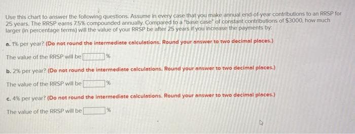 Use this chart to answer the following questions. Assume in every case that you make annual end-of-year contributions to an RRSP for
25 years. The RRSP earns 7.5% compounded annually. Compared to a "base case" of constant contributions of S3000, how much
larger (in percentage terms) will the value of your RRSP be after 25 years if you Increase the payments by:
a. 1% per year? (Do not round the intermediate calculations. Round your answer to two decimal places.)
The value of the RRSP will be
%
b. 2% per year? (Do not round the intermediate calculations. Round your answer to two decimal places.)
The value of the RRSP will be
|%
c. 4% per year? (Do not round the intermediate calculations. Round your answer to two decimal places.)
The value of the RRSP will be
1%
