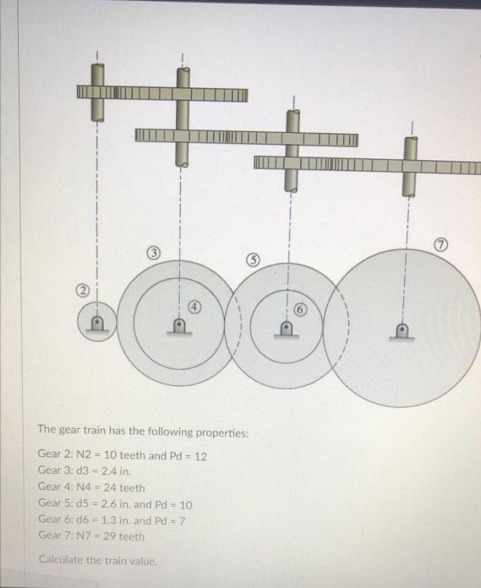 The gear train has the following properties:
Gear 2: N2 =10 teeth and Pd 12
Gear 3: d3 2.4 in.
Gear 4: N4 = 24 teeth
Gear 5: d5 = 2.6 in. and Pd 10
Gear 6: d6 = 1.3 in. and Pd 7
Gear 7: N7 =29 teeth
Calculate the train value.
