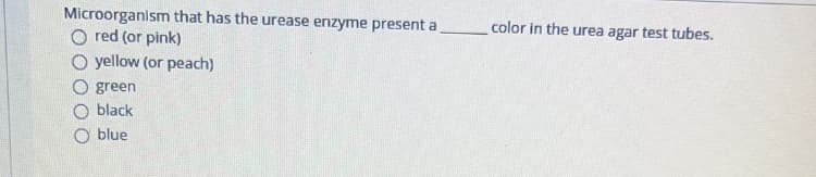 Microorganism that has the urease enzyme present a
O red (or pink)
O yellow (or peach)
color in the urea agar test tubes.
green
black
O blue
