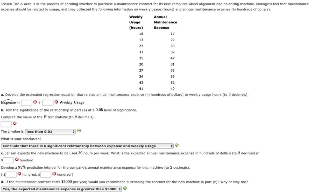 Jensen Tire & Auto is in the process of deciding whether to purchase a maintenance contract for its new computer wheel alignment and balancing machine. Managers feel that maintenance
expense should be related to usage, and they collected the following information on weekly usage (hours) and annual maintenance expense (in hundreds of dollars).
Annual
Maintenance
Expense
Weekly
Usage
(hours)
16
17
13
22
23
30
31
37
35
47
20
31
27
33
34
39
43
52
41
40
a. Develop the estimated regression equation that relates annual maintenance expense (in hundreds of dollars) to weekly usage hours (to 3 decimals).
Expense =
*+
Weekly Usage
b. Test the significance of the relationship in part (a) at a 0.05 level of significance.
Compute the value of the F test statistic (to 2 decimals).
The p value is less than 0.01
What is your conclusion?
Conclude that there is a significant relationship between expense and weekly usage
c. Jensen expects the new machine to be used 30 hours per week. What is the expected annual maintenance expense in hundreds of dollars (to 2 decimals)?
✩ hundred
$
Ⓒ
Develop a 95% prediction interval for the company's annual maintenance expense for this machine (to 2 decimals).
($
hundred, $
hundred)
d. If the maintenance contract costs $3000 per year, would you recommend purchasing the contract for the new machine in part (c)? Why or why not?
Yes, the expected maintenance expense is greater than $3000