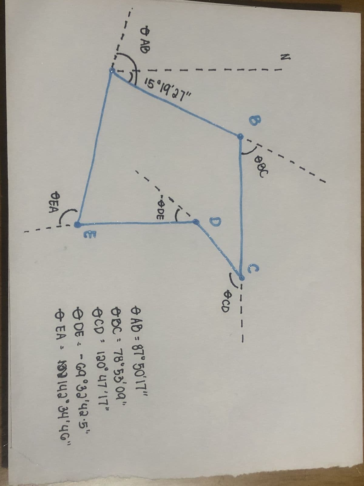 N
AB
1
I
Le.bl.gi
B
OBC
1
1
-ODE
OEA
C
есо
AB = 87° 50'17"
OBC = 78°53'09"
OCD : 120° 47'17"
DE : -69°32'42.5"
+ EA = 142°34'46"