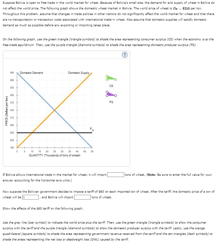 Suppose Bolivia is open to free trade in the world market for wheat. Because of Bolivia's small size, the demand for and supply of wheat in Bolivia do
not affect the world price. The following graph shows the domestic wheat market in Bolivia. The world price of wheat is Pw = $250 per ton.
Throughout this problem, assume that changes in trade policies in other nations do not significantly affect the world market for wheat and that there
are no transportation or transaction costs associated with international trade in wheat. Also assume that domestic supplies will satisfy domestic
demand as much as possible before any exporting or importing takes place.
On the following graph, use the green triangle (triangle symbols) to shade the area representing consumer surplus (CS) when the economy is at the
free-trade equilibrium. Then, use the purple triangle (diamond symbols) to shade the area representing domestic producer surplus (PS).
PRICE (Dollars per ton)
490
Domestic Demand
Domestic Supply
460
430
400
370
340
310
280
250
220
PW
190
+
0
5
10
15 20 25 30 35 40
45
50
QUANTITY (Thousands of tons of wheat)
CS
PS
If Bolivia allows international trade in the market for wheat, it will import
answer, accounting for the horizontal axis units.)
tons of wheat. (Note: Be sure to enter the full value for your
Now suppose the Bolivian government decides to impose a tariff of $60 on each imported ton of wheat. After the tariff, the domestic price of a ton of
wheat will be 5
and Bolivia will import
tons of wheat.
Show the effects of the $60 tariff on the following graph.
Use the grey line (star symbol) to indicate the world price plus the tariff. Then, use the green triangle (triangle symbols) to show the consumer
surplus with the tariff and the purple triangle (diamond symbols) to show the domestic producer surplus with the tariff. Lastly, use the orange
quadrilateral (square symbols) to shade the area representing government revenue received from the tariff and the tan triangles (dash symbols) to
shade the areas representing the net loss or deadweight loss (DWL) caused by the tariff.