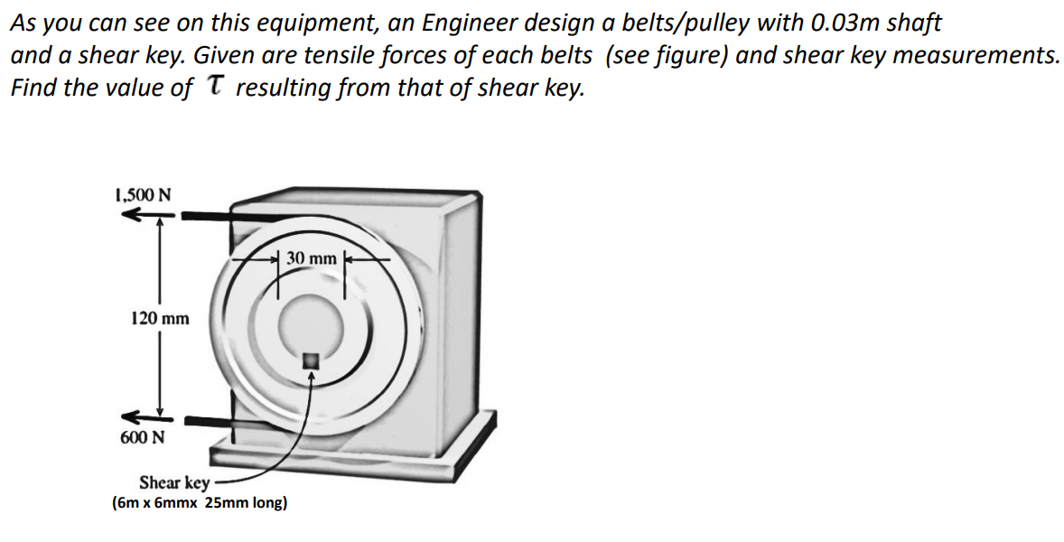 As you can see on this equipment, an Engineer design a belts/pulley with 0.03m shaft
and a shear key. Given are tensile forces of each belts (see figure) and shear key measurements.
Find the value of T resulting from that of shear key.
1,500 N
30 mm
120 mm
600 N
Shear key
(6m x 6mmx 25mm long)
