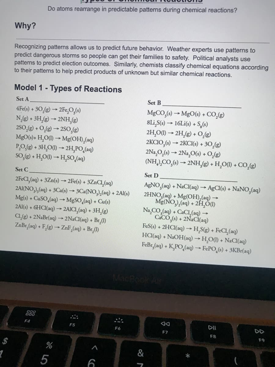 Do atoms rearrange in predictable patterns during chemical reactions?
Why?
Recognizing patterns allows us to predict future behavior. Weather experts use patterns to
predict dangerous storms so people can get their families to safety. Political analysts use
patterns to predict election outcomes. Similarly, chemists classify chemical equations according
to their patterns to help predict products of unknown but similar chemical reactions.
Model 1 - Types of Reactions
Set A
Set B
4Fe(s) + 30,(g) → 2Fe,O,(6)
N,g) + 3H,(g) → 2NH,)
250,(e) + O,@) → 2SO,(g)
MgO(s)+ H,O(1) → Mg(OH),(aq)
PO,(e) + 3H,O(1) → 2H,PO,(aq)
so, + H,O() → H,SO,(aq)
MGCO,(6) → MgO(s) + CO,(g)
8Li,S(3) → 16LI(s) + S,(6)
2H̟O() –→ 2H,g) + O,g)
2KCIO,(6) → 2KCI(3) + 30,(g)
2Na,O,(9) → 2Na,O(s) + O,(g)
(NH,),CO,(6) → 2NH,g) + H,O) + CO,(g)
Set C
Set D
2FeCl,(aq) + 3Zn(s) → 2Fe(s) + 3ZnC,(aq)
2AI(NO,),(aq) + 3Ca(s) → 3Ca(NO,),(aq) + 2Al(s)
Mg(s) + CUSO,(aq)→MGSO,(aq) + Cu(s)
2Al(s) + 6HCI(aq) - 2AICI,(aq) + 3H,(g)
Cl,g) + 2NaBr(aq) 2NaCI(aq) + Br,(1)
ZnBr, (aq) + F,(g) ZnF,(aq) + Br,()
AGNO,(aq) + NaCI(aq) → AgCl(s) + NANO,(aq)
2HNO,(aq) + Mg(OH),(aq)→
Mg(NO),(aq) + 2H,Ó0
Na CO (aq) + CaCl,(aq)
CaCo,(9) + 2NAC(aq)
FeS(s) + 2HCI(aq) H,S(g) + FECL(aq)
HC(aq) + NAOH(aq) H,O(1) + NaCI(aq)
FeBr,(aq) + K,PO,(aq) FEPO,(6) + 3KB1(aq)
MacBook Ar
00
F4
DII
DD
F5
F6
F7
F8
F9
&
5
6
