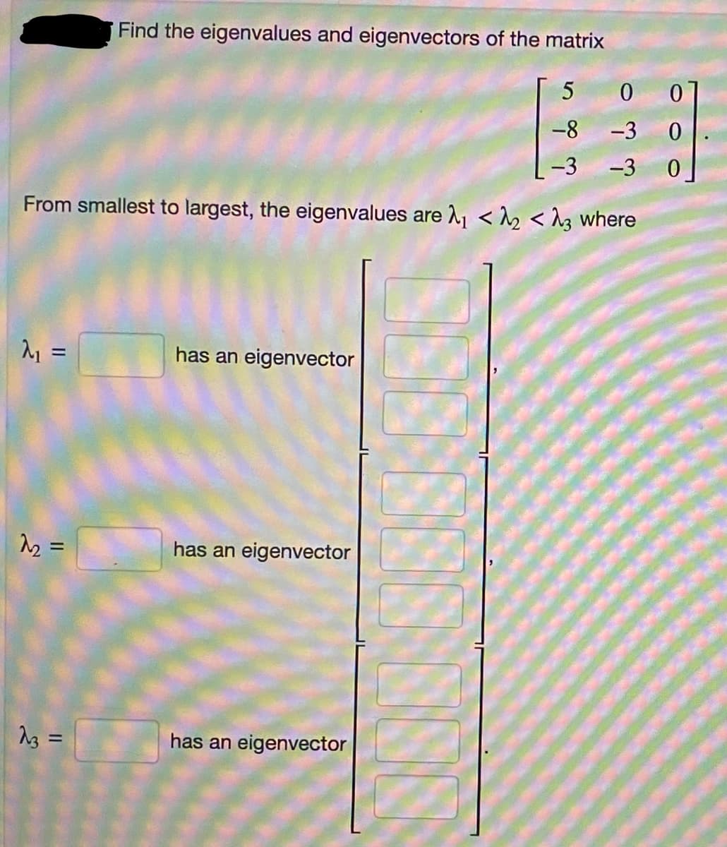 Find the eigenvalues and eigenvectors of the matrix
5
-8
-3
From smallest to largest, the eigenvalues are λ₁ <^₂ <^3 where
λι =
=
^₂ =
23 =
has an eigenvector
has an eigenvector
has an eigenvector
0
-3
-3
0
0
0