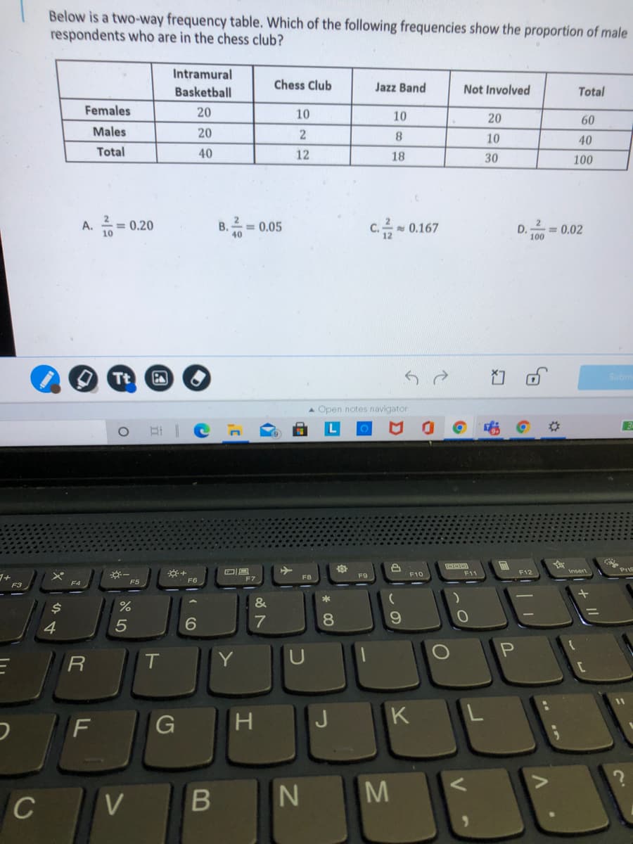 Below is a two-way frequency table. Which of the following frequencies show the proportion of male
respondents who are in the chess club?
Intramural
Basketball
Chess Club
Jazz Band
Not Involved
Total
Females
20
10
10
20
60
Males
20
8.
10
40
Total
40
12
18
30
100
= 0,20
= 0.05
c금-0.167
A.
B.
D.
= 0.02
10
100
Tt
Subn
A Open notes navigator
%23
F9
F10
F11
F12
F7
F8
F5
F6
F3
F4
&
4
T.
Y
J
K
F
M
C
V
个
