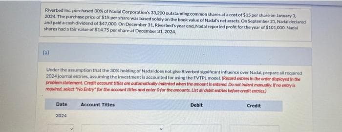 Riverbed Inc. purchased 30% of Nadal Corporation's 33,200 outstanding common shares at a cost of $15 per share on January 3,
2024. The purchase price of $15 per share was based solely on the book value of Nadal's net assets. On September 21, Nadal declared
and paid a cash dividend of $47,000. On December 31, Riverbed's year end, Nadal reported profit for the year of $101.000. Nadal
shares had a fair value of $14.75 per share at December 31, 2024.
(a)
Under the assumption that the 30% holding of Nadal does not give Riverbed significant influence over Nadal, prepare all required
2024 journal entries, assuming the investment is accounted for using the FVTPL model. (Record entries in the order displayed in the
problem statement. Credit account titles are automatically indented when the amount is entered. Do not Indent manually. If no entry is
required, select "No Entry" for the account titles and enter O for the amounts. List all debit entries before credit entries.)
Date Account Titles
2024
Debit
Credit