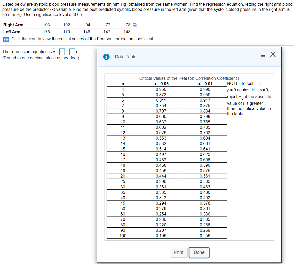 Listed below are systolic blood pressure measurements (in mm Hg) obtained from the same woman. Find the regression equation, letting the right arm blood
pressure be the predictor (x) variable. Find the best predicted systolic blood pressure in the left arm given that the systolic blood pressure in the right arm is
85 mm Hg. Use a significance level of 0.05.
Right Arm
103
102
94
77
78 D
Left Arm
176
170
148
147
148
Click the icon to view the critical values of the Pearson correlation coefficient r
The regression equation is y = + x.
(Round to one decimal place as needed.)
Data Table
Critical Values of the Pearson Correlation Coefficient r
NOTE: To test Ho:
p= 0 against H,:p#0,
a = 0.05
a = 0.01
4
0.950
0.990
5
0.878
0.959
reject Ho if the absolute
value of r is greater
than the critical value in
the table.
0.811
0.917
7
0.754
0.875
8
0.707
0.834
9
0.666
0.798
10
0.632
0.765
11
0.602
0.735
12
0.576
0.708
13
0.553
0.684
14
0.532
0.661
15
0.514
0.641
16
0.497
0.623
17
0.482
0 606
18
0.468
0.590
19
0.456
0.575
20
0.444
0.561
0.396
0.361
25
0.505
30
0.463
35
0.335
0.430
40
0.312
0.402
45
0.294
0.378
50
0.279
0.361
0.330
0.305
60
0.254
0.236
0.220
70
80
0.286
90
0.207
0.269
100
0.196
0.256
Print
Done
