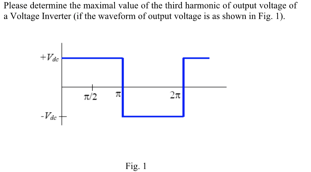 Please determine the maximal value of the third harmonic of output voltage of
a Voltage Inverter (if the waveform of output voltage is as shown in Fig. 1).
+Vac
TU
π/2
2π
-Vac
Fig. 1