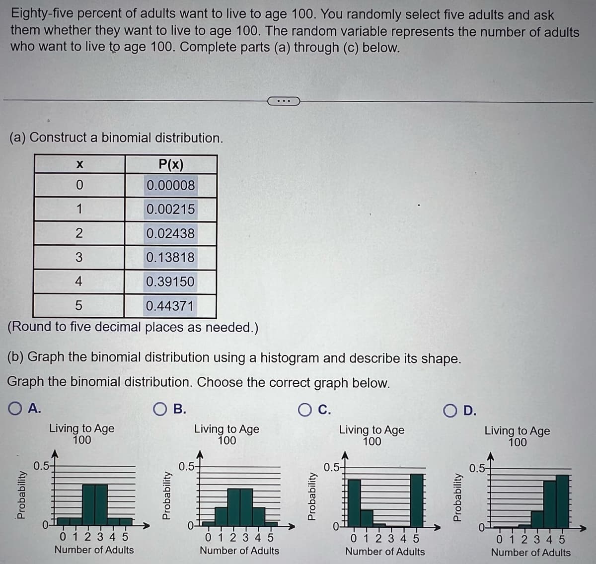 Eighty-five percent of adults want to live to age 100. You randomly select five adults and ask
them whether they want to live to age 100. The random variable represents the number of adults
who want to live to age 100. Complete parts (a) through (c) below.
(a) Construct a binomial distribution.
X
P(x)
0
0.00008
1
0.00215
2
0.02438
3
0.13818
4
0.39150
5
0.44371
(Round to five decimal places as needed.)
(b) Graph the binomial distribution using a histogram and describe its shape.
Graph the binomial distribution. Choose the correct graph below.
O A.
O B.
O C.
Probability
Living to Age
100
0.5-
0-
0 1 2 3 4 5
Number of Adults
Probability
Living to Age
100
0.5-
0-
H
0 1 2 3 4 5
Number of Adults
Probability
Living to Age
100
0.5-
U
TTT
0 1 2 3 4 5
Number of Adults
O D.
Probability
Living to Age
100
0.5+
0 1 2 3 4 5
Number of Adults