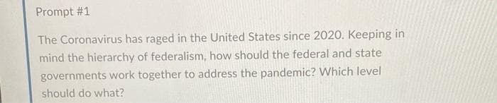 Prompt #1
The Coronavirus has raged in the United States since 2020. Keeping in
mind the hierarchy of federalism, how should the federal and state
governments work together to address the pandemic? Which level
should do what?
