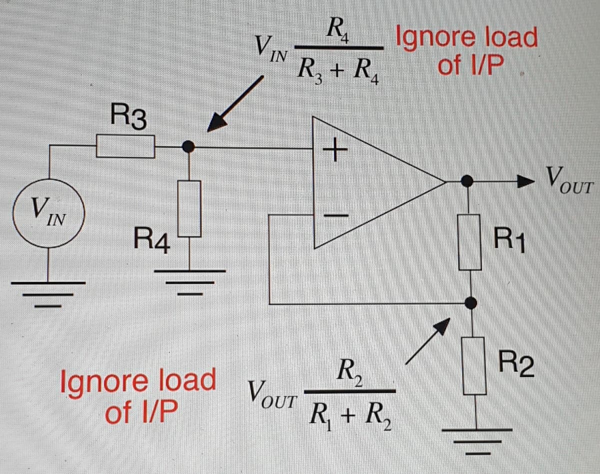 R
VIN
Ignore load
of 1/P
R, + R,
R3
VOUT
VIN
R1
R4
R2
Ignore load
of I/P
R,
VoUT
R, + R,
