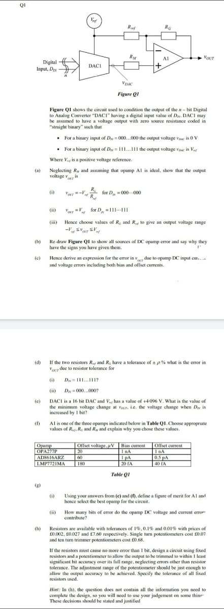 QI
Ref
RG
RM
A1
Vou
VOUT
Digital A
DACI
Input, DIN
VDAC
Figure QI
Figure QI shows the circuit used to condition the output of the n- bit Digital
to Analog Converter "DACI" having a digital input value of Dw. DACI may
be assumed to have a voltage output with zero source resistance coded in
"straight binary" such that
• For a binary input of Dy = 000...000 the output voltage vaac is 0 V
• For a binary input of Dw = 111..111 the output voltage vaac is Vn
Where Vg is a positive voltage reference.
Neglecting Ry and assuming that opamp Al is ideal, show that the output
voltage v, is
(а)
OUT
R.
for D, - 000000
R
(i)
Vay-
ref
(ii)
Vor for D,-111..111
Hence choose values of Ro and R to give an output voltage range
-V Svar S
(iii)
Re-draw Figure Q1 to show all sources of DC opamp error and say why they
have the signs you have given them.
(b)
Hence derive an expression for the emor in vug due to opamp DC input cur.
and voltage errors including both bias and offset currents.
(c)
If the two resistors R and R, have a tolerance of + p% what is the error in
Vour due to resistor tolerance for
(d)
(i)
Day = 111.11?
(ii)
Dy= 000..000?
DACI is a 16 bit DAC and Vg has a value of +4-096 V. What is the value of
the minimum voltage change at vour, ie. the voltage change when Dw is
increased by I bit?
(e)
Al is one of the three opamps indicated below in Table Q1. Choose appropriate
values of Ru. Ra and Ru and explain why you chose these values.
()
Offset voltage, pV
20
Offset current
I nA
0.5 pA
40 fA
Opamp
OPA277E
Bias current
I nA
I pA
AD8616ARZ
60
LMP772IMA
180
20 fA
Table QI
(g)
(i)
Using your answers from (c) and (), define a figure of merit for Al and
hence select the best opamp for the circuit.
(ii)
How many bits of error do the opamp DC voltage and current eror
contribute?
(h)
Resistors are available with tolerances of 1%, 0.1% and 0.01% with prices of
£0.002, £0.027 and £7.60 respectively. Single turn potentiometers cost £0.07
and ten turn trimmer potentiometers cost £0.68.
If the resistors must cause no more error than 1 bit, design a circuit using fixed
resistors and a potentiometer to allow the output to be trimmed to within 1 least
significant bit accuracy over its full range, neglecting errors other than resistor
tolerance. The adjustment range of the potentiometer should be just enough to
allow the output accuracy to be achieved. Specify the tolerance of all fixed
resistors used.
Hint: In (h), the question does not contain all the information you need to
complete the design, so you will need to use your judgement on some thine
These decisions should be stated and justified
