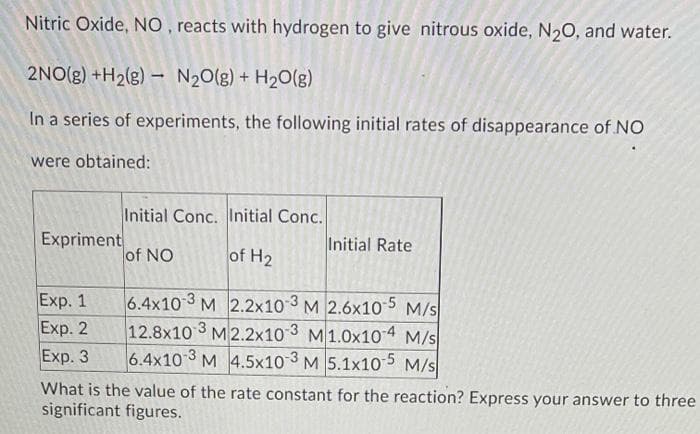 Nitric Oxide, NO , reacts with hydrogen to give nitrous oxide, N20, and water.
2NO(g) +H2(g) - N20(g) + H2O(g)
In a series of experiments, the following initial rates of disappearance of NO
were obtained:
Initial Conc. Initial Conc.
Expriment
of NO
of H2
Initial Rate
Exp. 1
Exp. 2
Exp. 3
6.4x10 3 M 2.2x10 3 M 2.6x10 5 M/s
12.8x10 3 M2.2x10 3 M1.0x10 4 M/s
6.4x10 3 M 4.5x10 3 M 5.1x10 5 M/s
What is the value of the rate constant for the reaction? Express your answer to three
significant figures.
