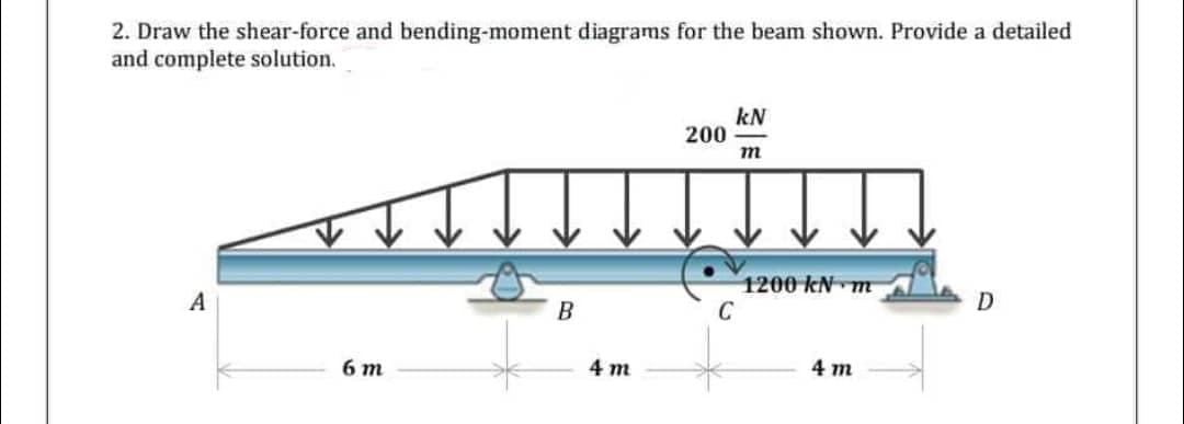 2. Draw the shear-force and bending-moment diagrams for the beam shown. Provide a detailed
and complete solution.
kN
200
m
1200 kN m
D
A
B
4 m
6 m
4 m
C